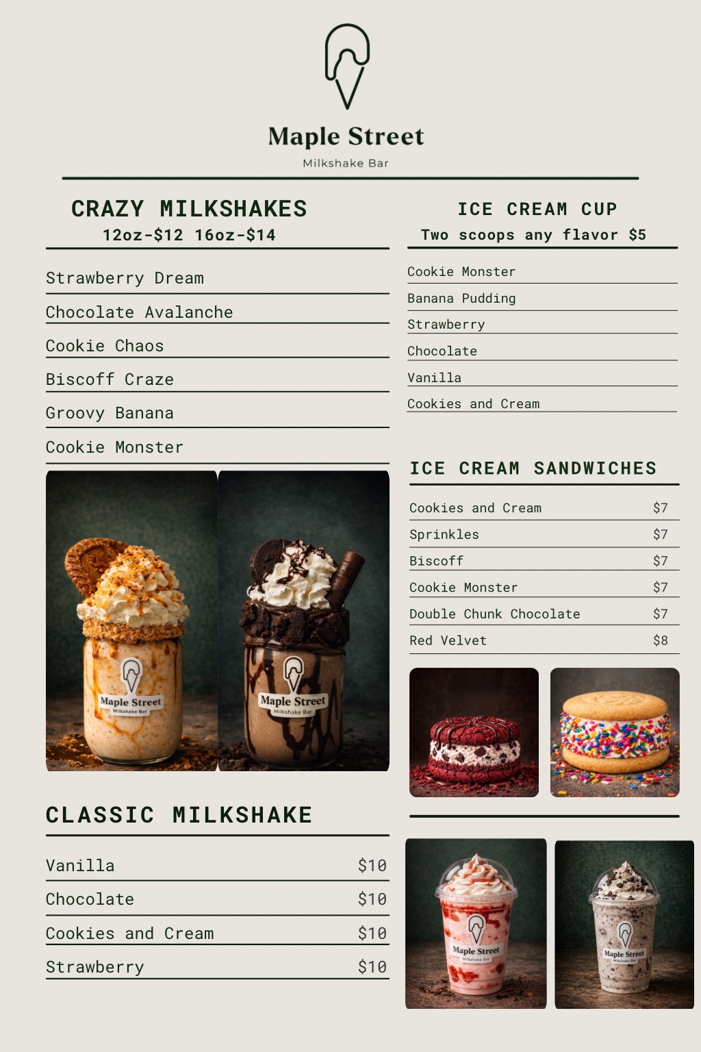 Maple Street Milkshake Bar full menu — Crazy Milkshakes (12oz $12, 16oz $14), Classic Milkshake ($10), Ice Cream Cup ($5), and Ice Cream Sandwiches ($7–$8).
