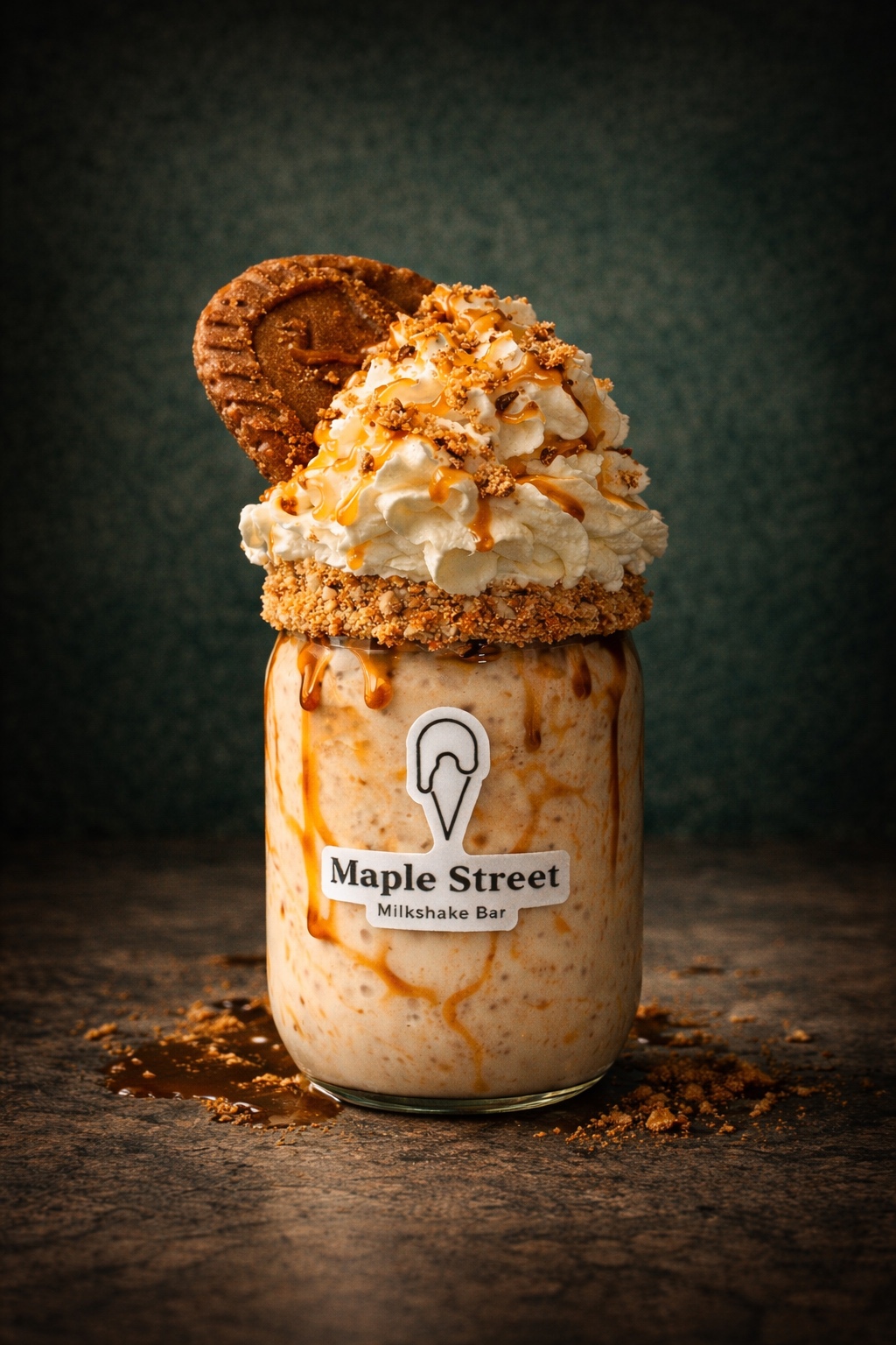 Biscoff Craze milkshake topped with whipped cream, Biscoff cookies and caramel drizzle.