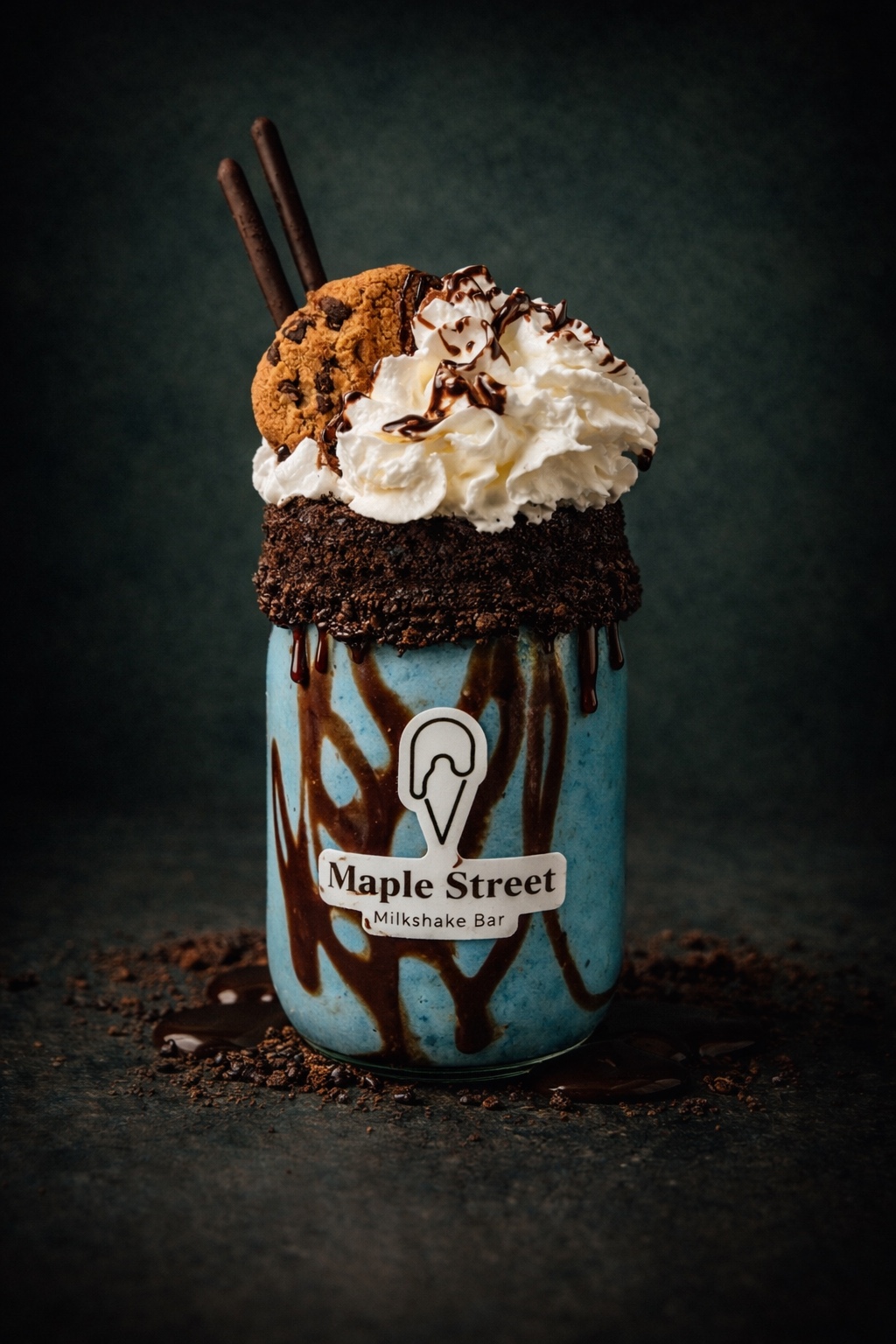 Cookie Monster blue milkshake topped with a chocolate chip cookie and biscuit sticks.