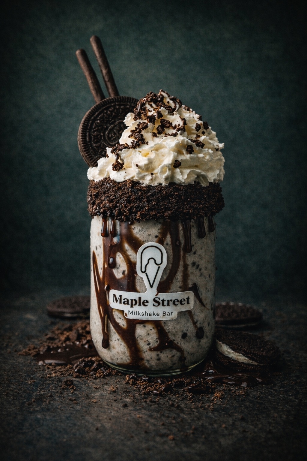 Cookies & Cream loaded milkshake topped with Oreos and chocolate biscuit sticks.