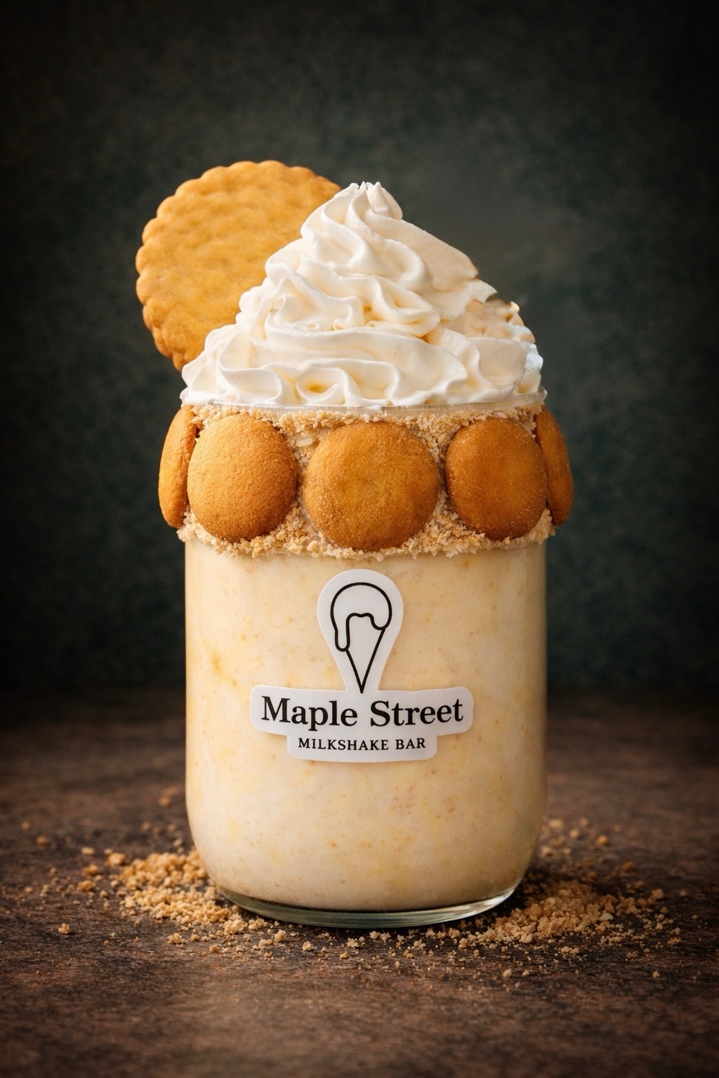Groovy Banana Bliss milkshake topped with a MoonPie and Nilla Wafers.