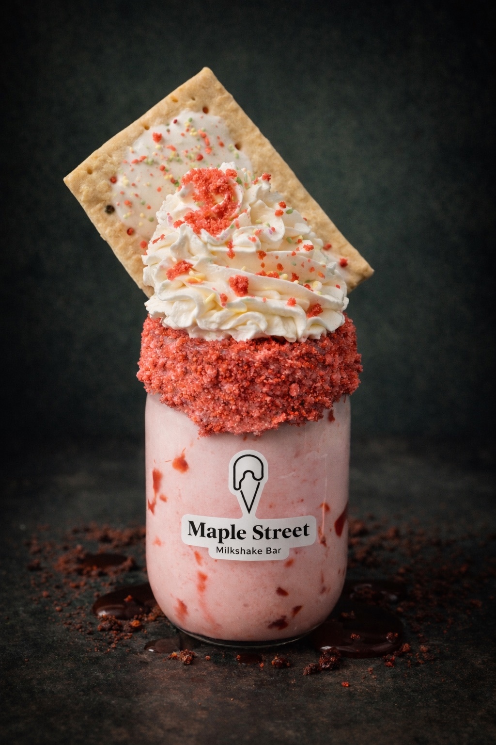 Strawberry Dream milkshake topped with a strawberry Pop-Tart and strawberry wafers.