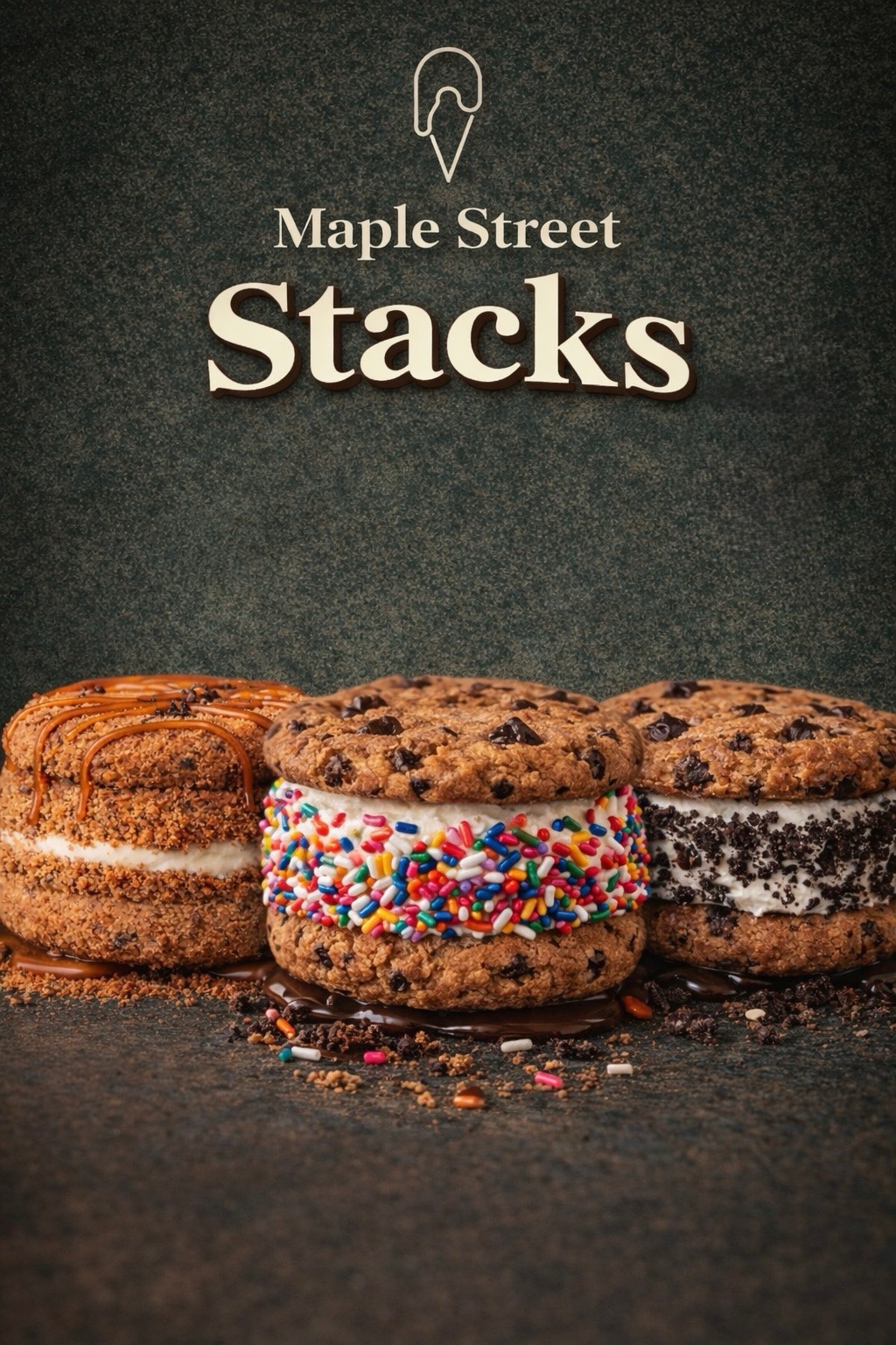 A trio of Maple Street Stacks — premium ice cream sandwiches stacked with cookies.